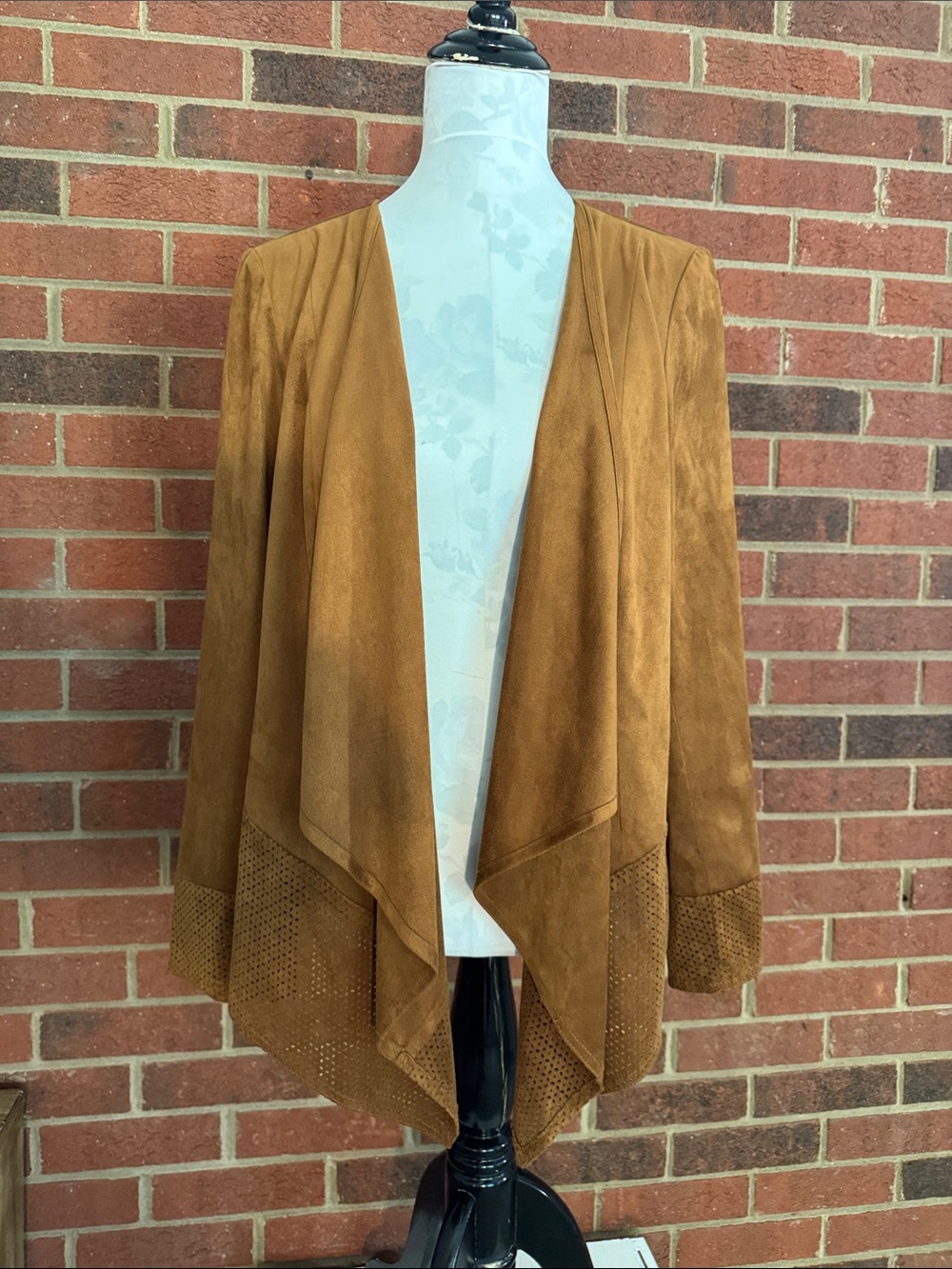 Chico's Soft Faux Suede Open Front Jacket in Camel Brown